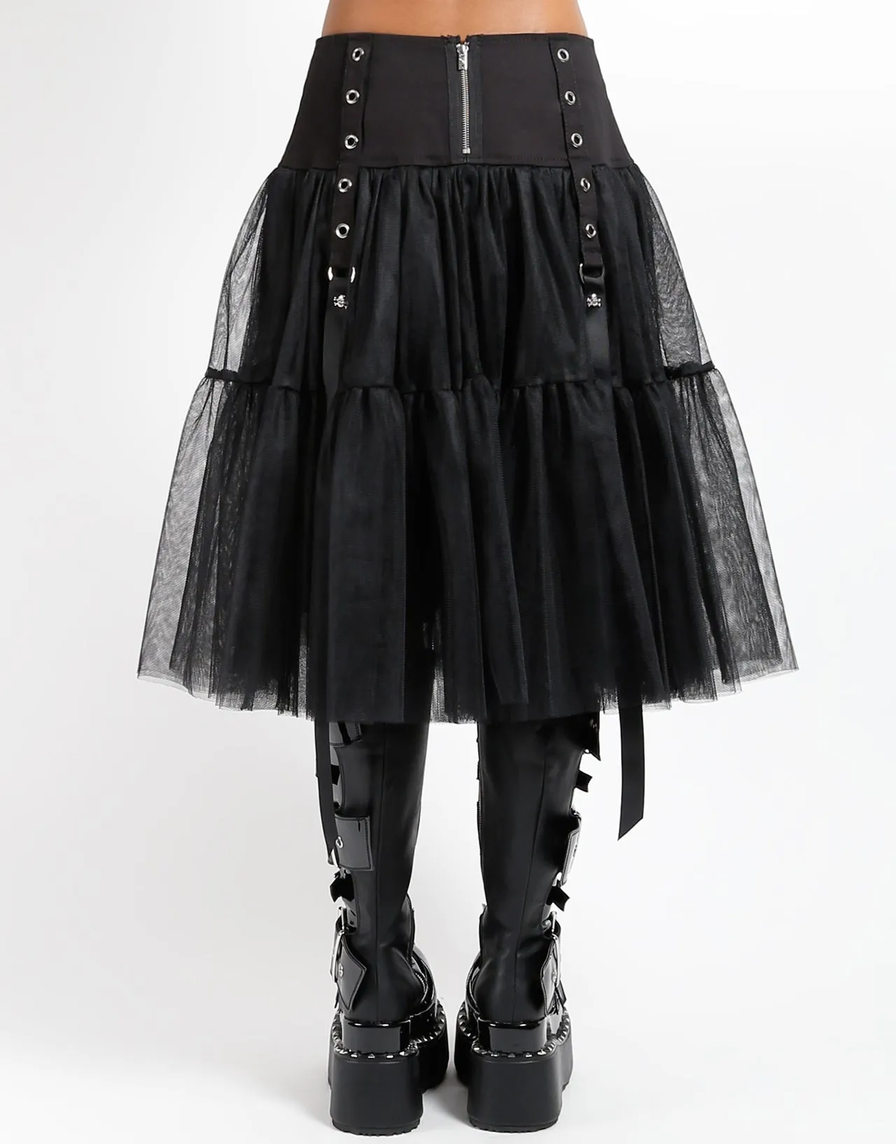 Layered Panel Design LONG RIBBON TULLE SKIRT BLACK