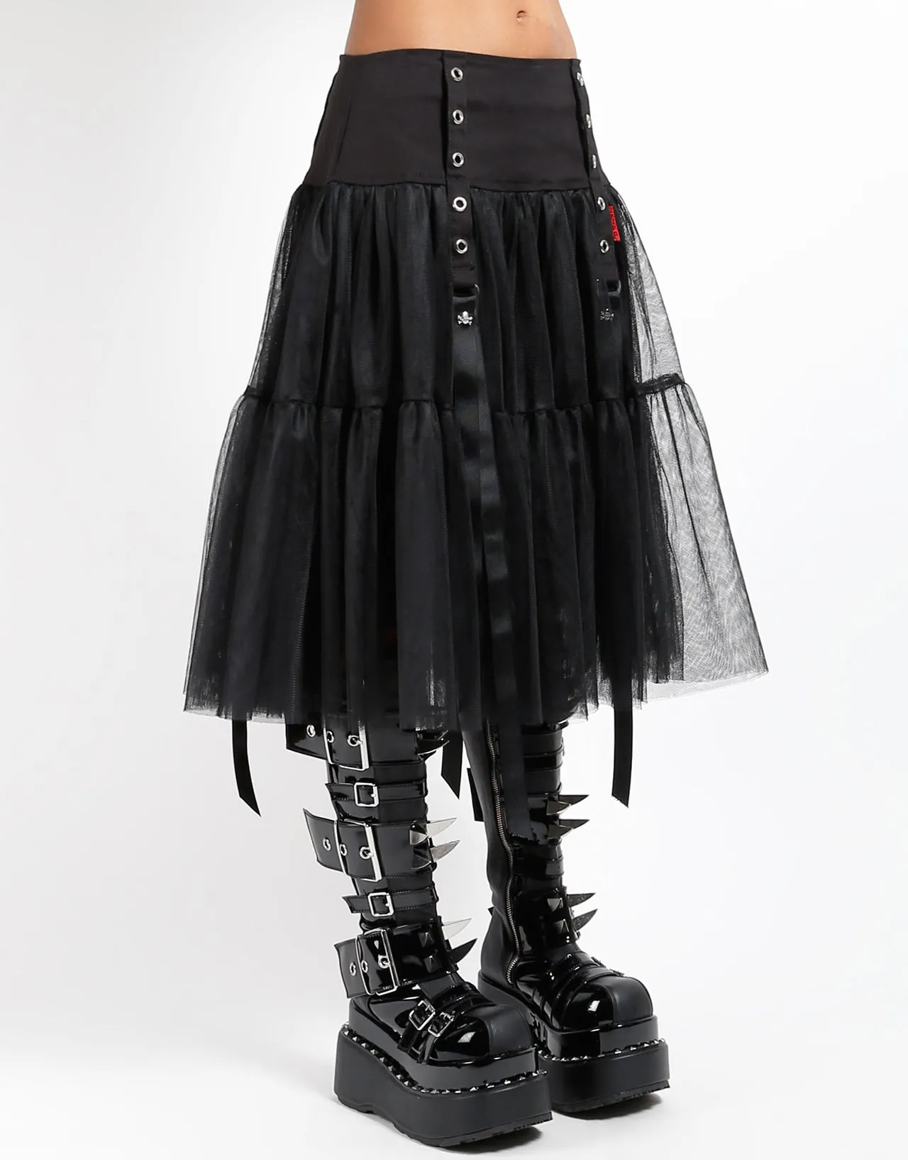 AdjustableDrawstring LONG RIBBON TULLE SKIRT BLACK