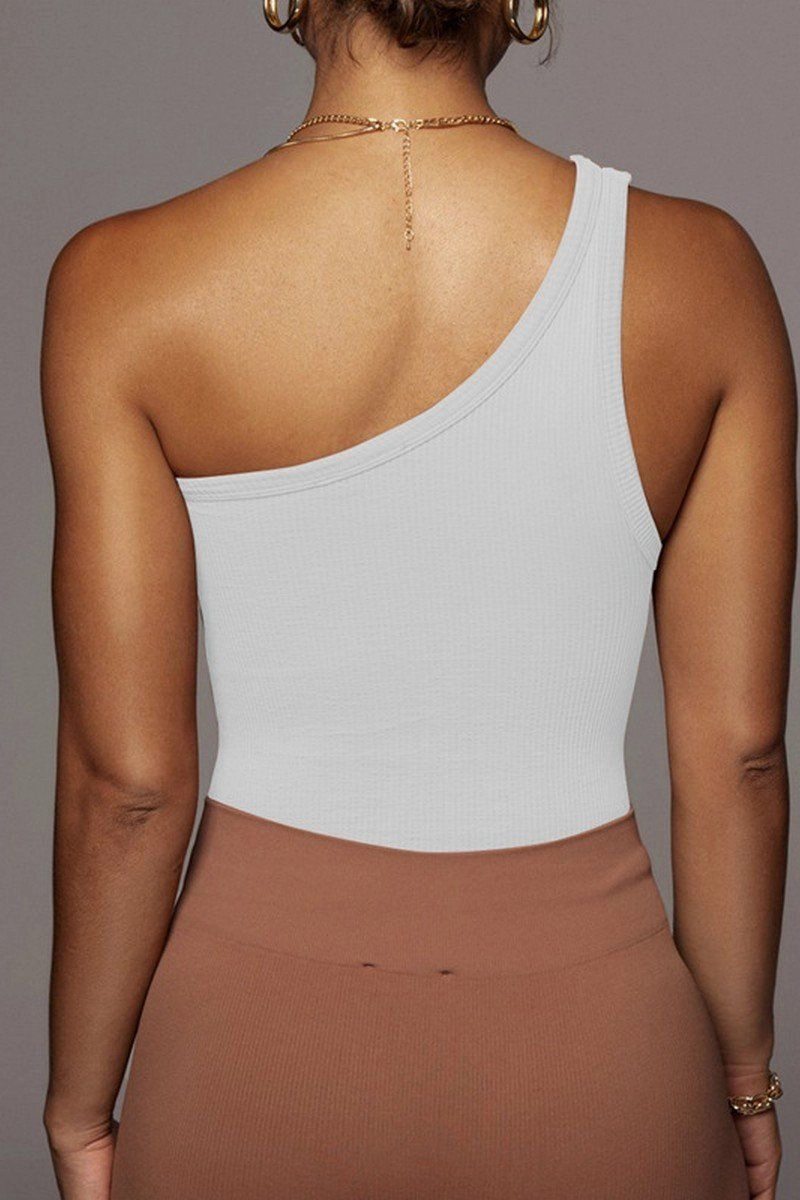 Double Needle Hemming ONE SHOULDER SLEEVELESS SEXY CROP TANK TOP