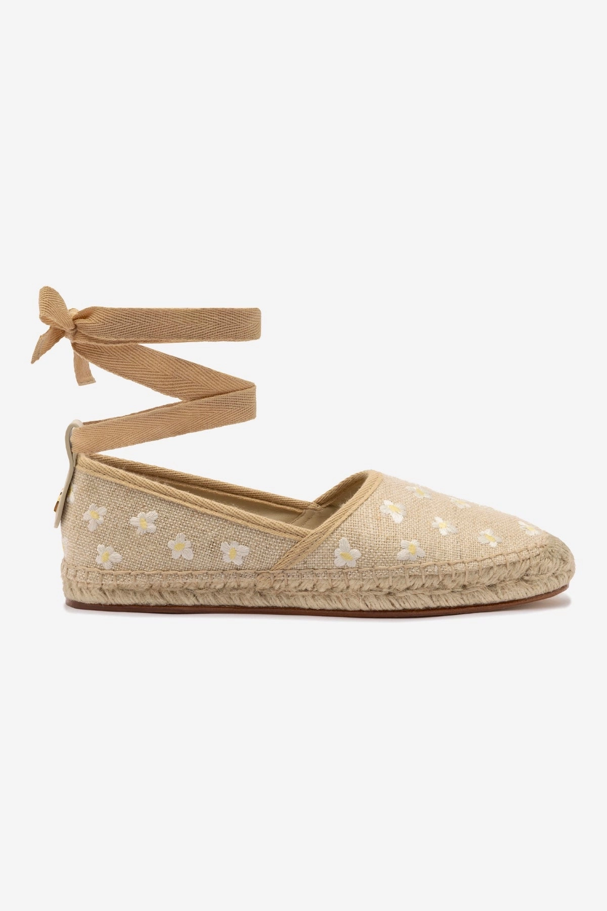 Letizia Espadrille Flat In Raw Linen and Daisy Embroidery hypoallergenic
