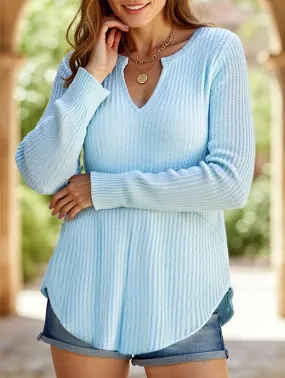 Loose solid color V-neck curved sweater Multi Directional Zipper Placement