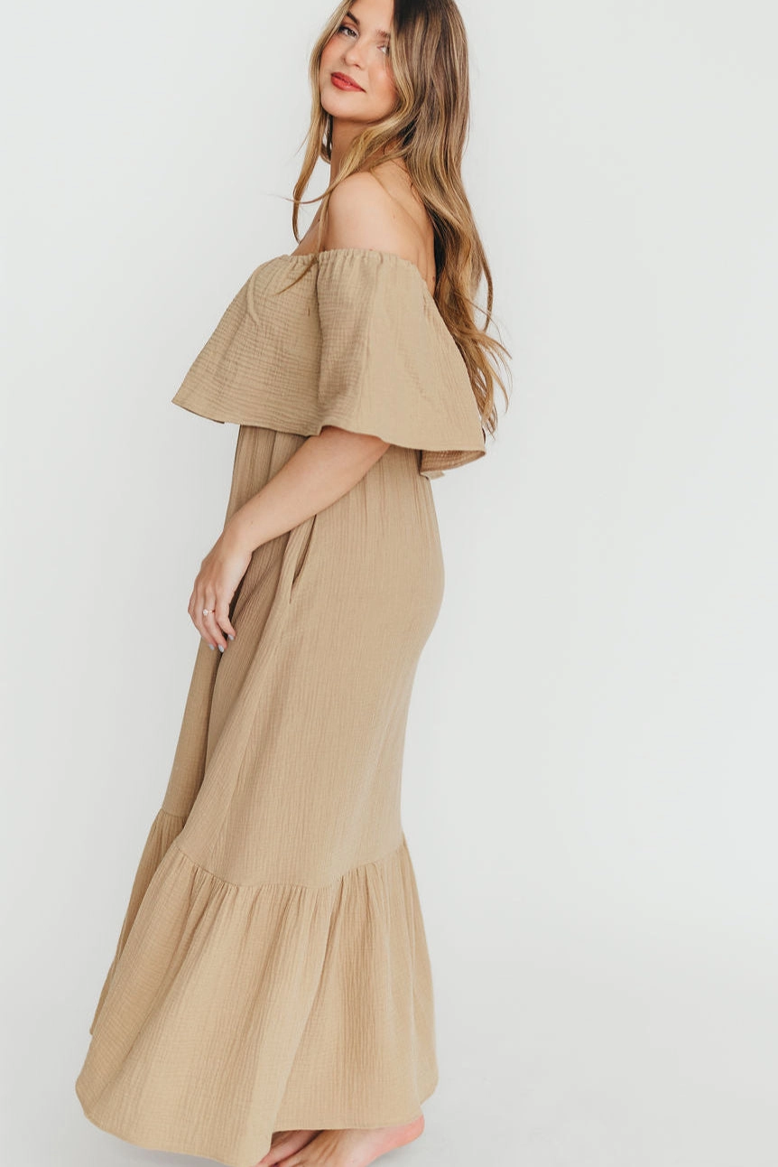 Josie 100% Cotton Maxi Dress in Khaki Feminine Look City-Style