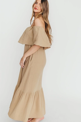 Josie 100% Cotton Maxi Dress in Khaki Feminine Look City-Style
