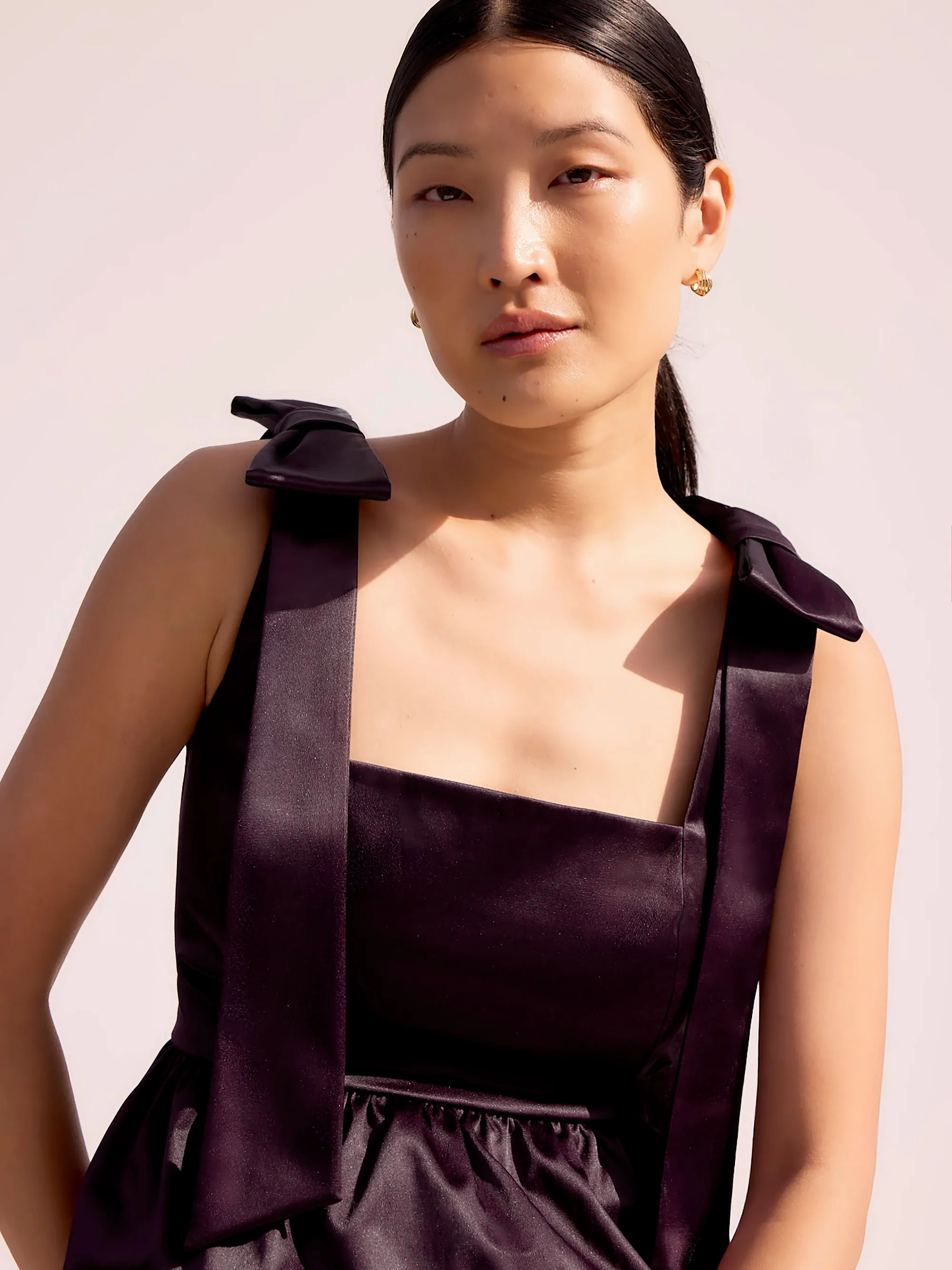 Burgundy Bow-Detail Peplum Satin Top ChafeFreeEdging Formal Shirt