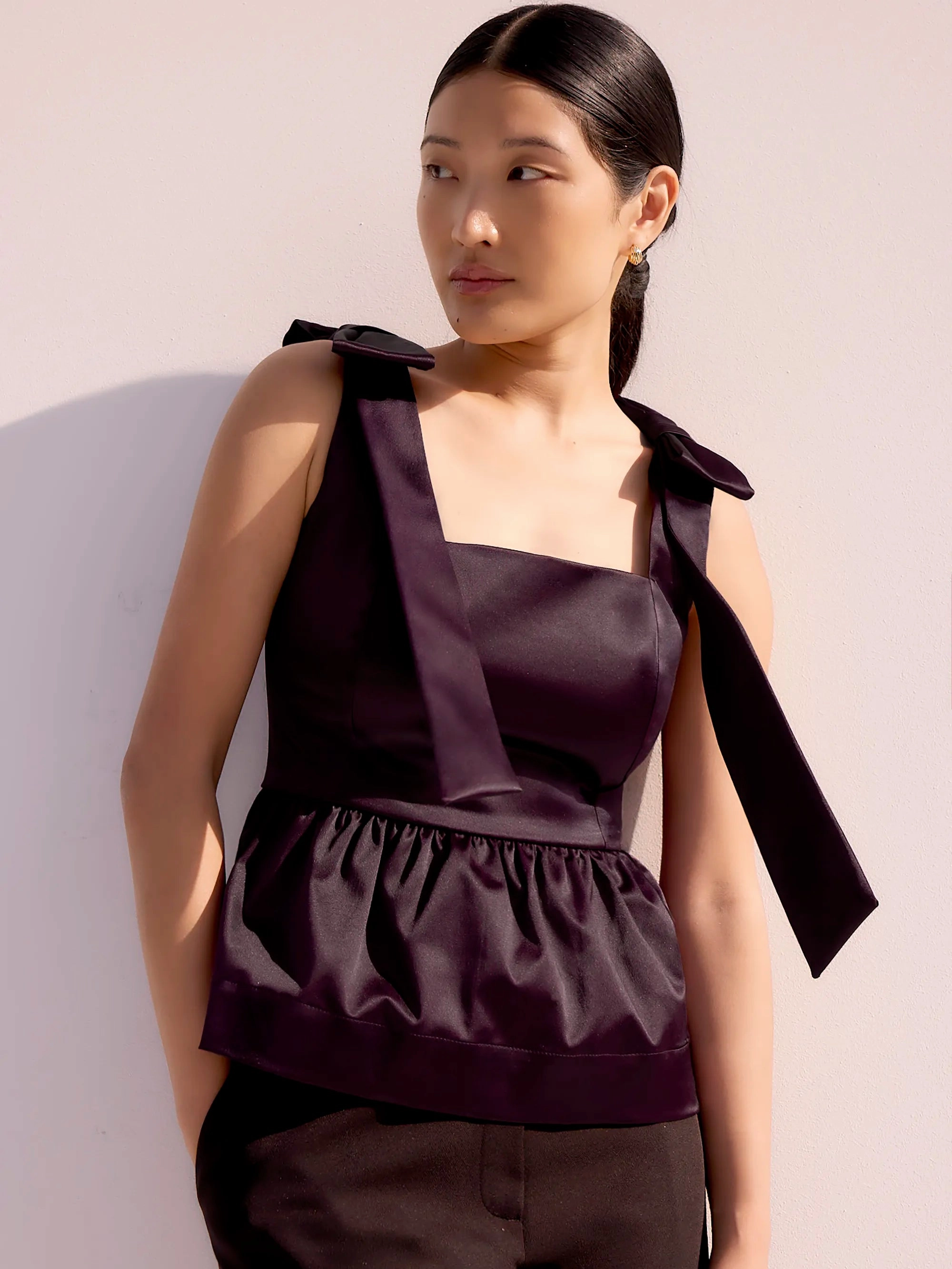 AntiPilling Surface Relaxed Look Burgundy Bow-Detail Peplum Satin Top