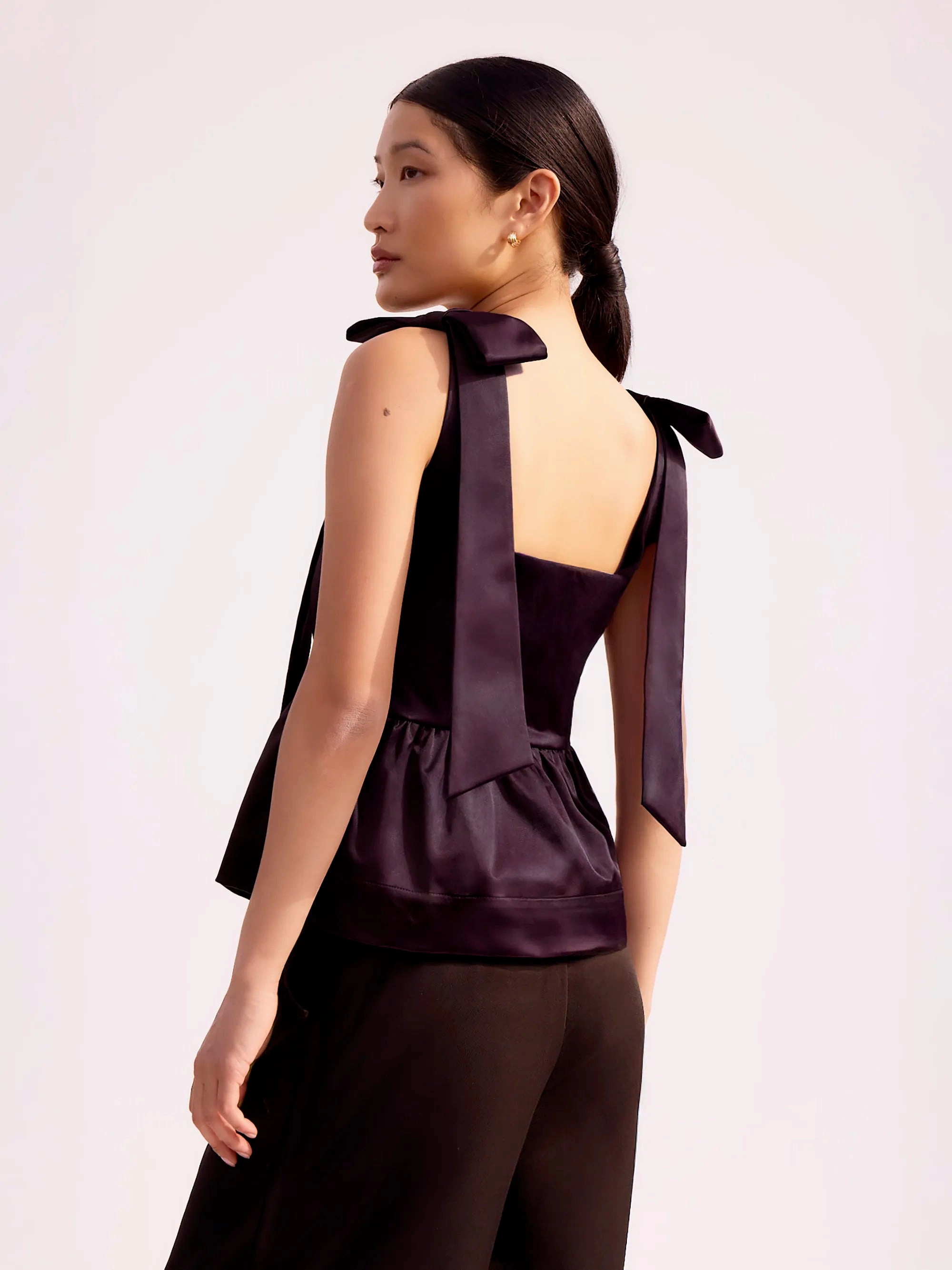 Burgundy Bow-Detail Peplum Satin Top UltraSoftInterior