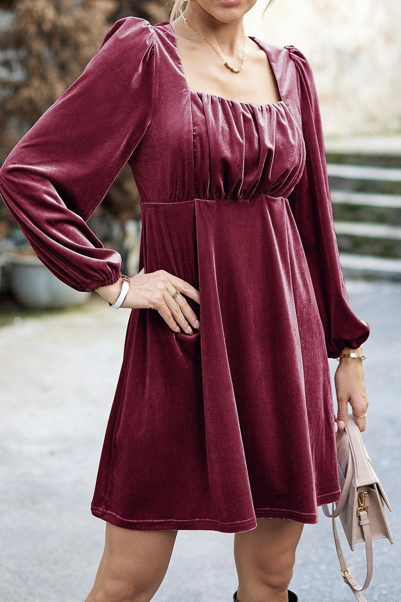 Light Fit Wear VELVET SQUARE NECK FLUTTER PUFF SLEEVE DRESS
