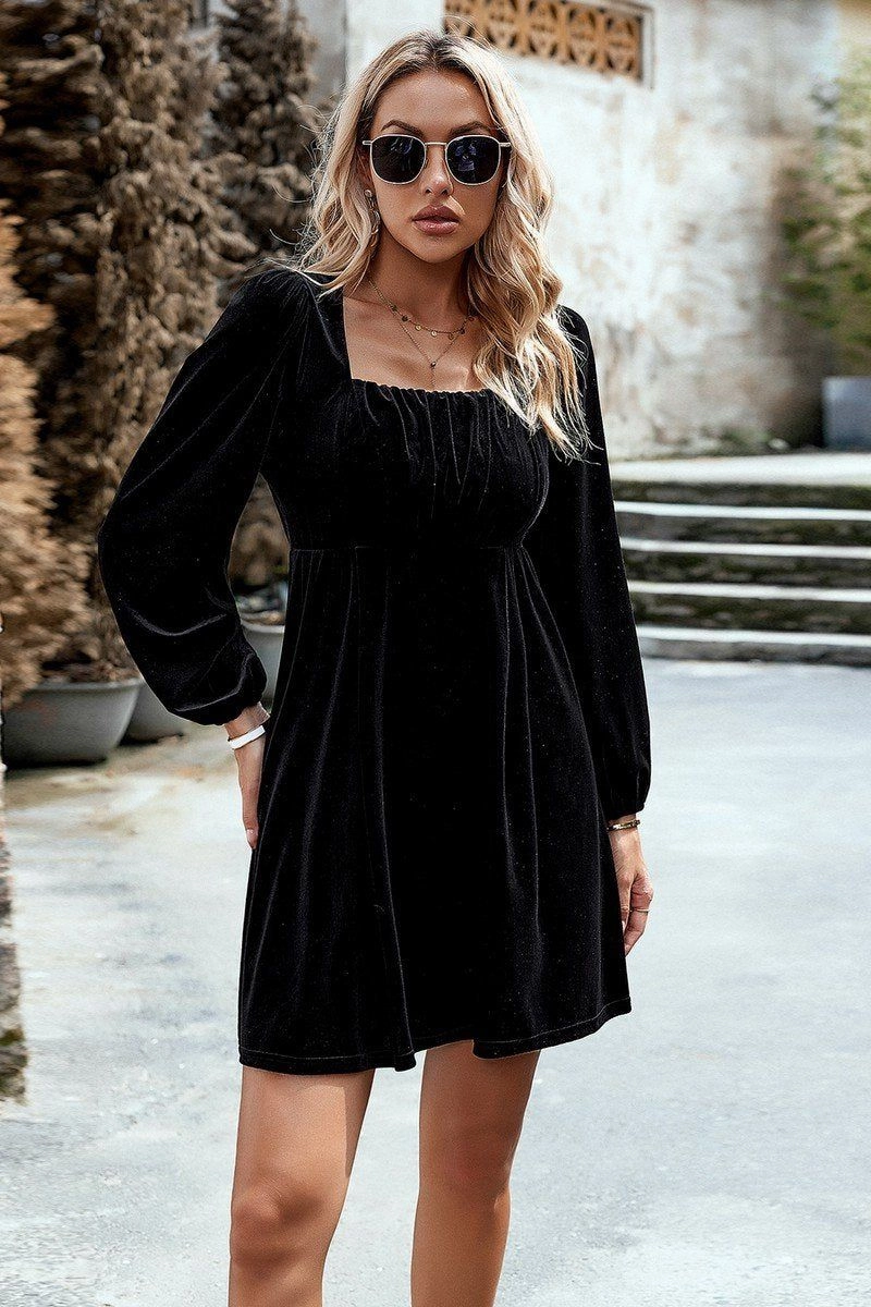 VELVET SQUARE NECK FLUTTER PUFF SLEEVE DRESS Breath Ease Minimal Design