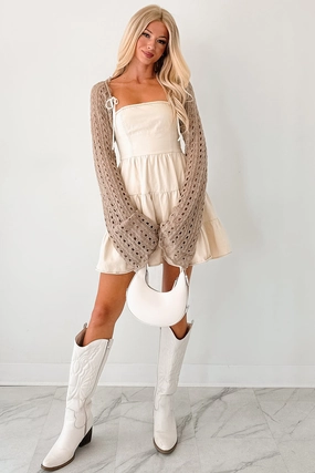 Quiet Chic Crochet Bolero Shrug (Tan) Flexible Zipper Guards