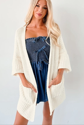 Quiet Times Cuffed Sleeve POL Cardigan (Cream) Stand Collar