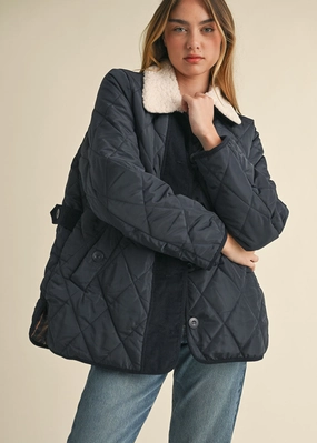 Quick Release Buckle Mechanism HighCollarDesign Quincy Shearling Collar Quilted Jacket - Navy