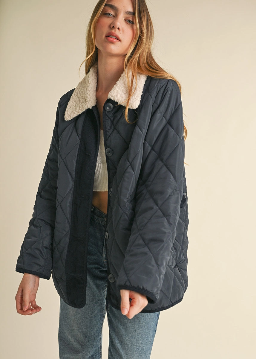 Quincy Shearling Collar Quilted Jacket - Navy QuickDry Fabric