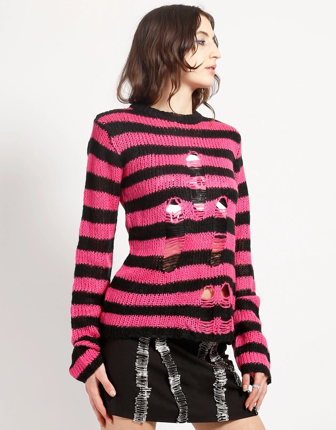 RAG STRIPE SWEATER PINK Denim Shirt ContrastPlacket