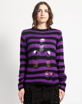 EcoFriendly Manufacturing Reinforced Shoulder Panels RAG STRIPE SWEATER PURPLE