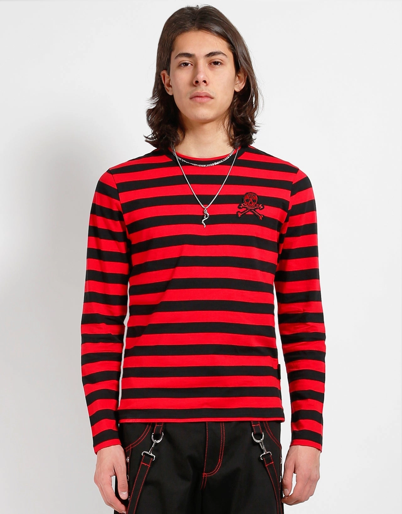 SKULL STRIPE KNIT TOP BLACK/RED Odor Neutralizing Technology Breathable Underarm Gussets