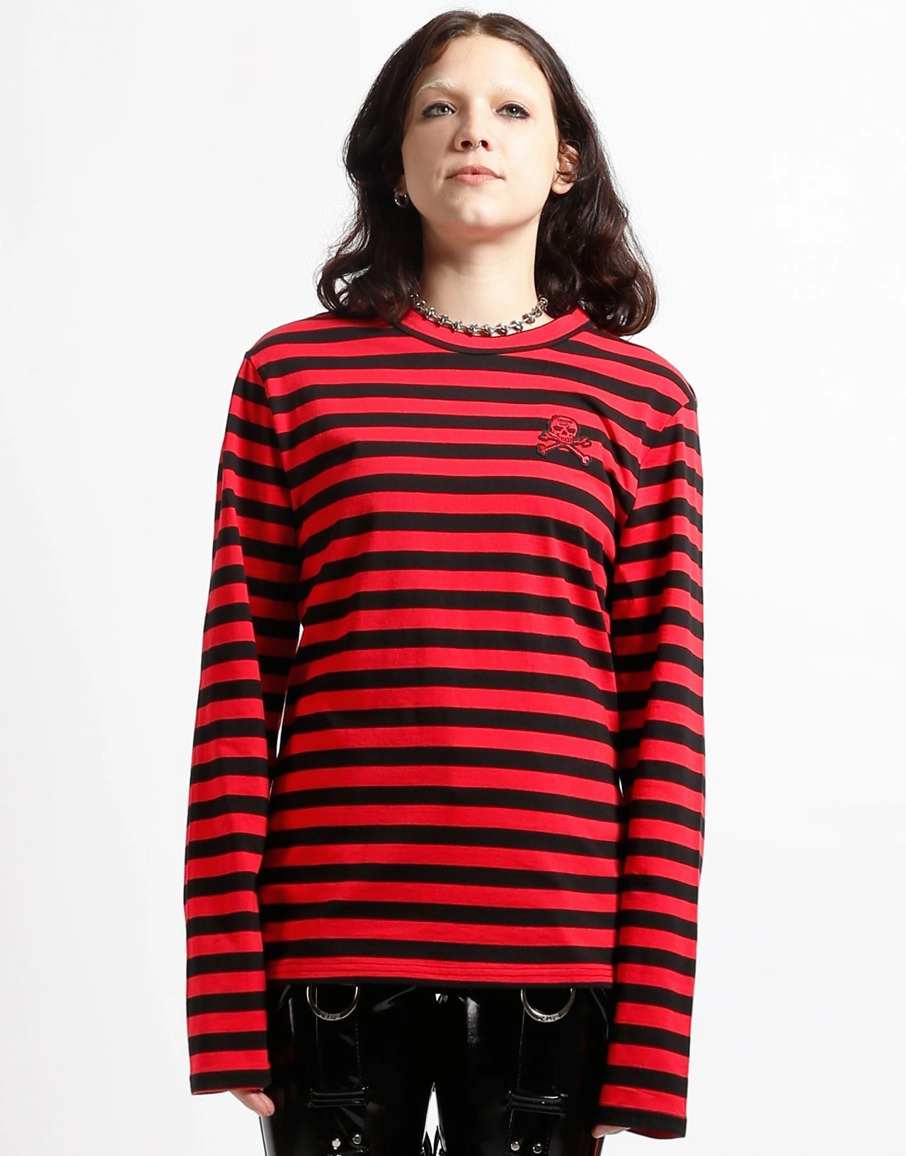 Breathable Hoodie YarnDyedFabric SKULL STRIPE KNIT TOP BLACK/RED