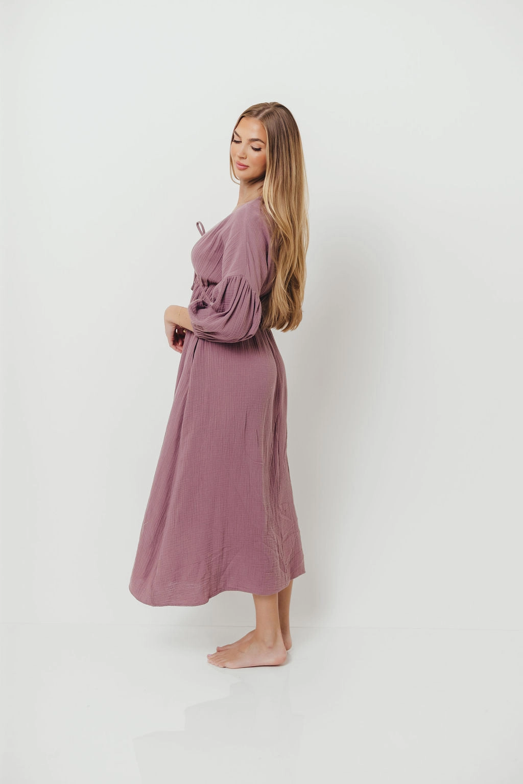 Shiny surface Midi-Length Hunter 100% Cotton Gauze Midi Dress in Smoky Plum - Bump Friendly *9/22 PRE-ORDER*