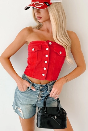 Nature Lover Gym Ready Music Event Daily Wear Breathable Classic Ready To Rock Strapless Denim Top (Red)