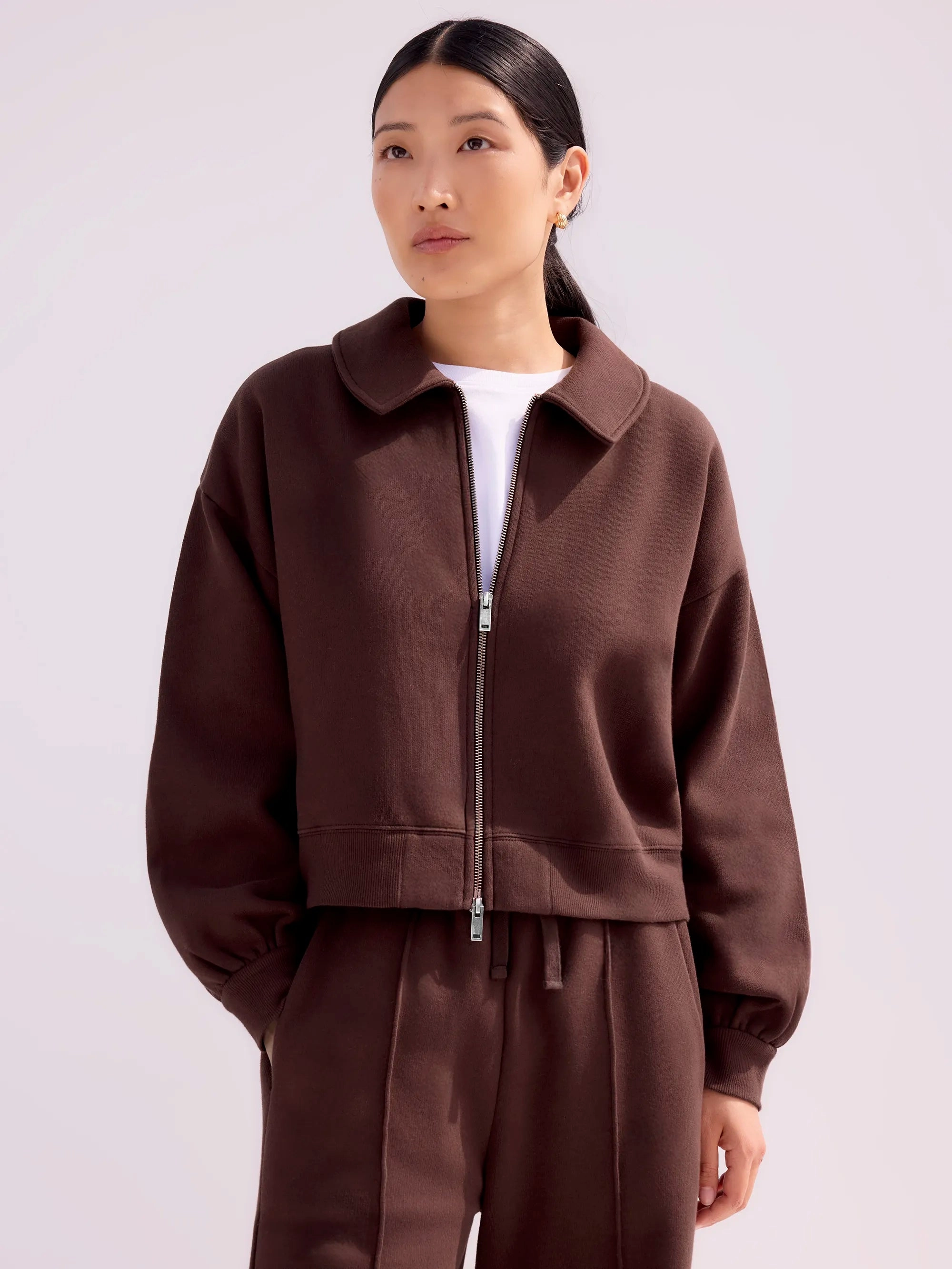 wrinkle free finish Chocolate-Brown Sweatshirt Bomber Jacket