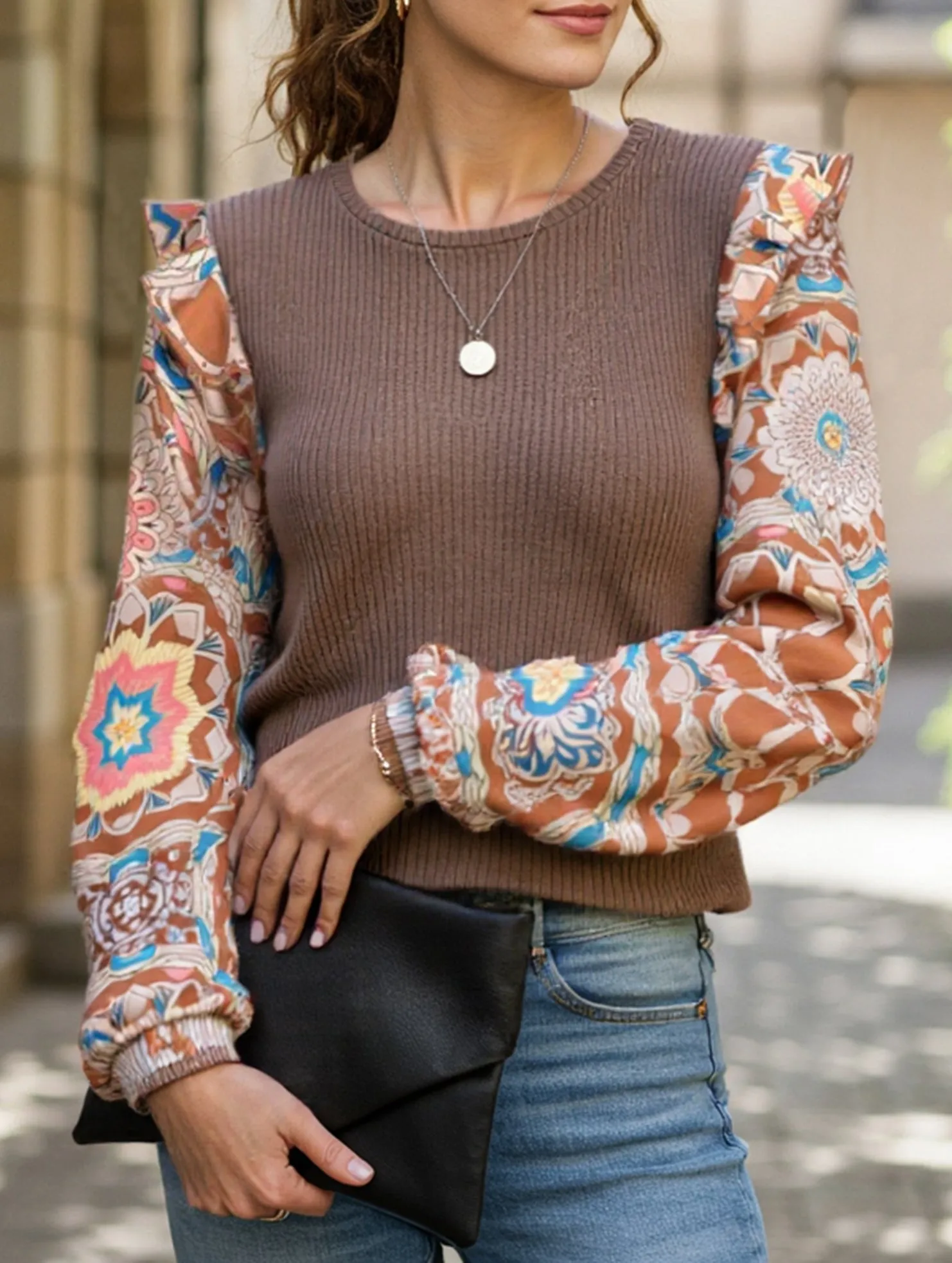 Casual Layer Chilly Layer Look Bohemian Ruffled Floral Sleeves Panelled Knit Pullover Top