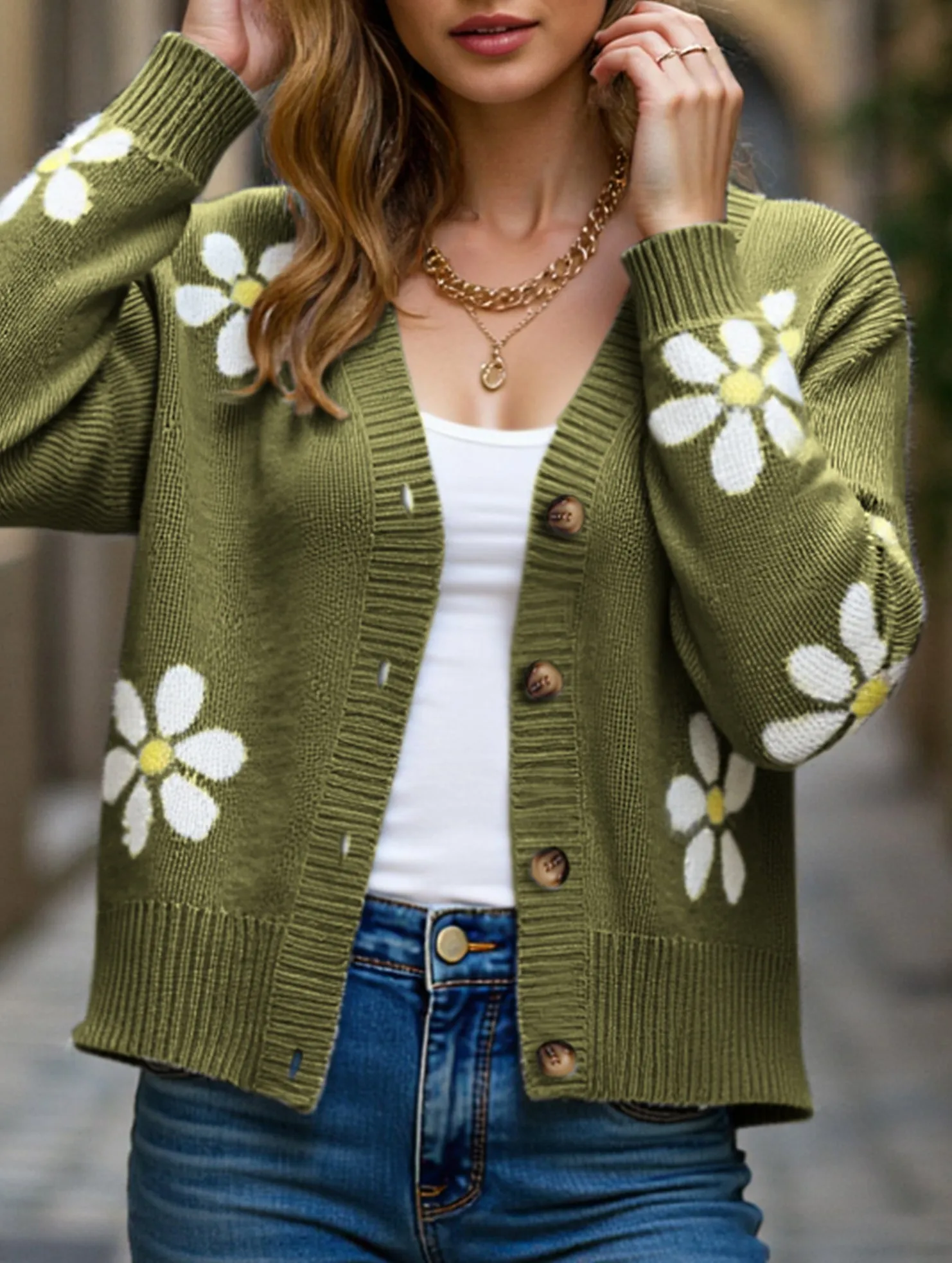 Fall Floral Button Varsity Sweater Jacket Soft Touch Texture