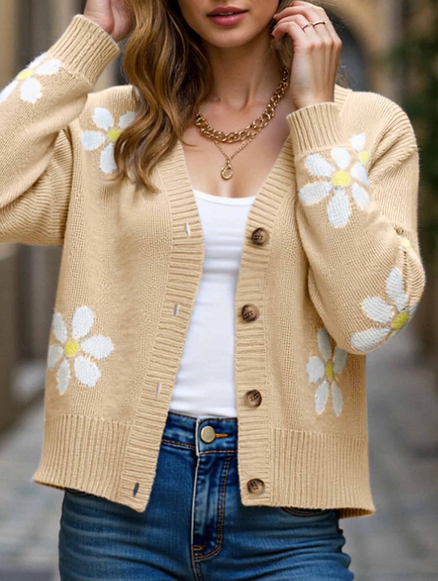 ThermalRegulating Fall Floral Button Varsity Sweater Jacket
