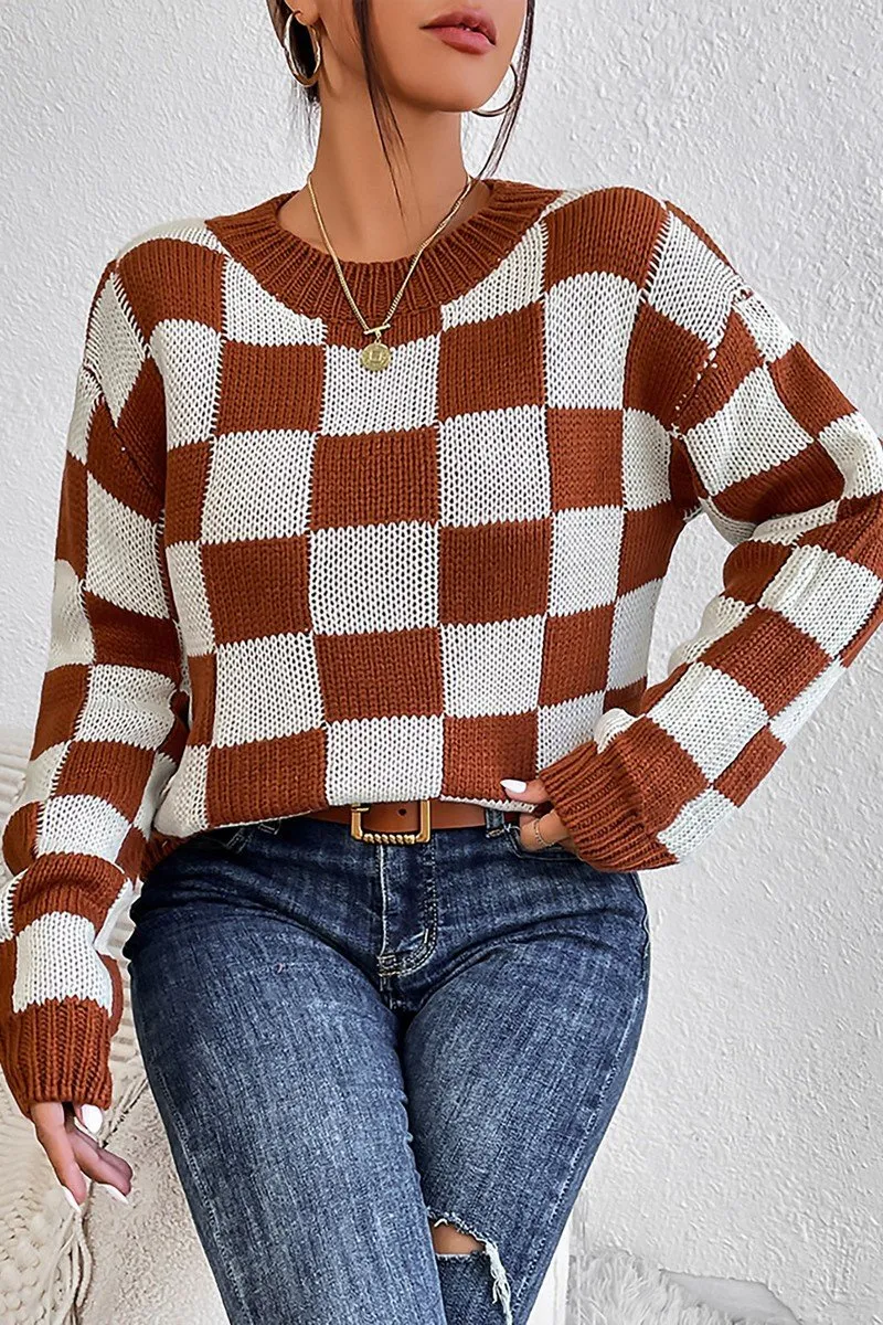WOMEN LOOSE FIT RIBBED PLAID PATTERN KNIT SWEATER Temperature Regulating