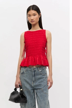 Retro design Red Cotton Smock Tie Top