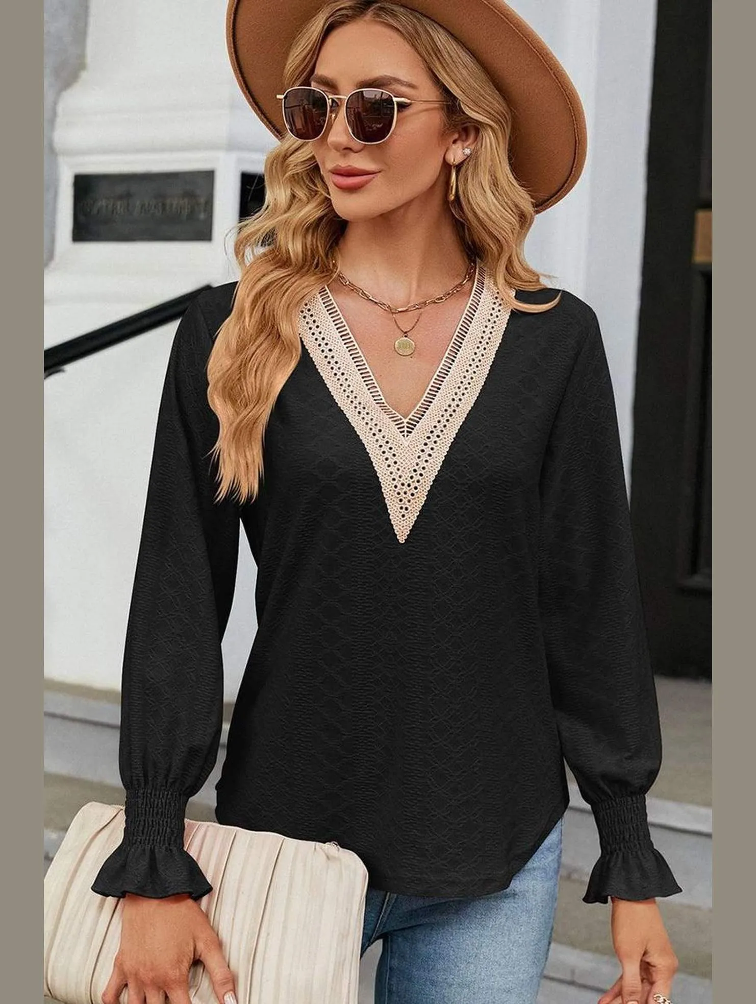 Breathable Mesh Back WOMEN GUIPURE LACE TRIM NECK RUFFLE SLEEVE BLOUSE