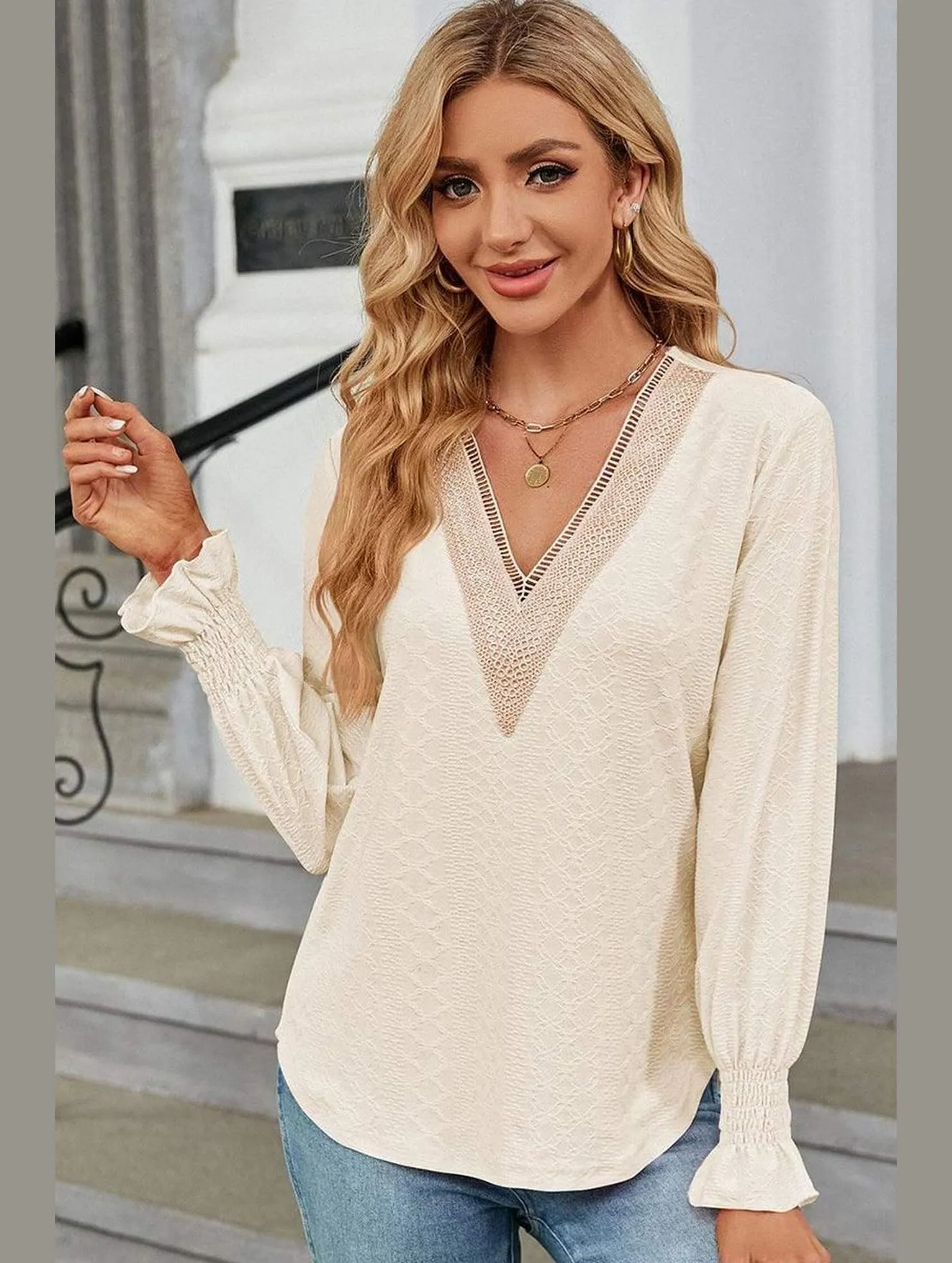 Yarn Dyed Fabric Stone Wash Process WOMEN GUIPURE LACE TRIM NECK RUFFLE SLEEVE BLOUSE