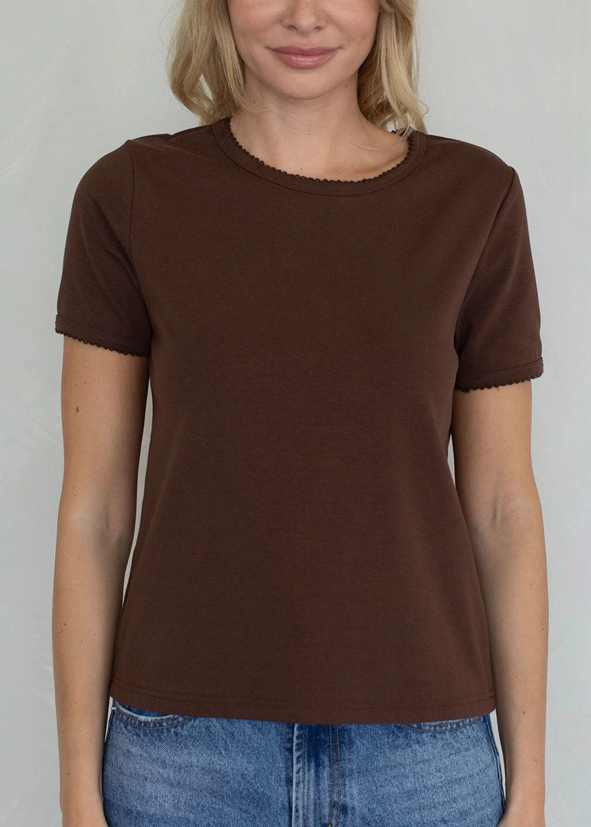 Easy Care Material Enley Scallop Edge Basic Tee - Chocolate