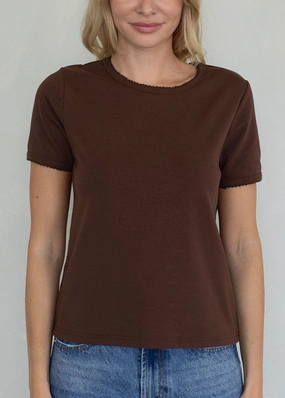 Easy Care Material Enley Scallop Edge Basic Tee - Chocolate