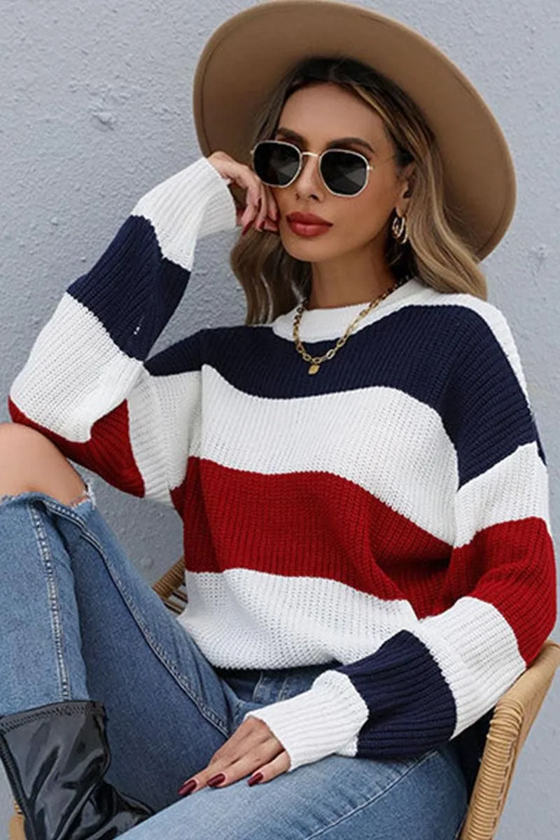 LONG SLEEVE BIG STRIPE ROUND NECK SWEATER FlexibleCuffs EcoFriendly Material