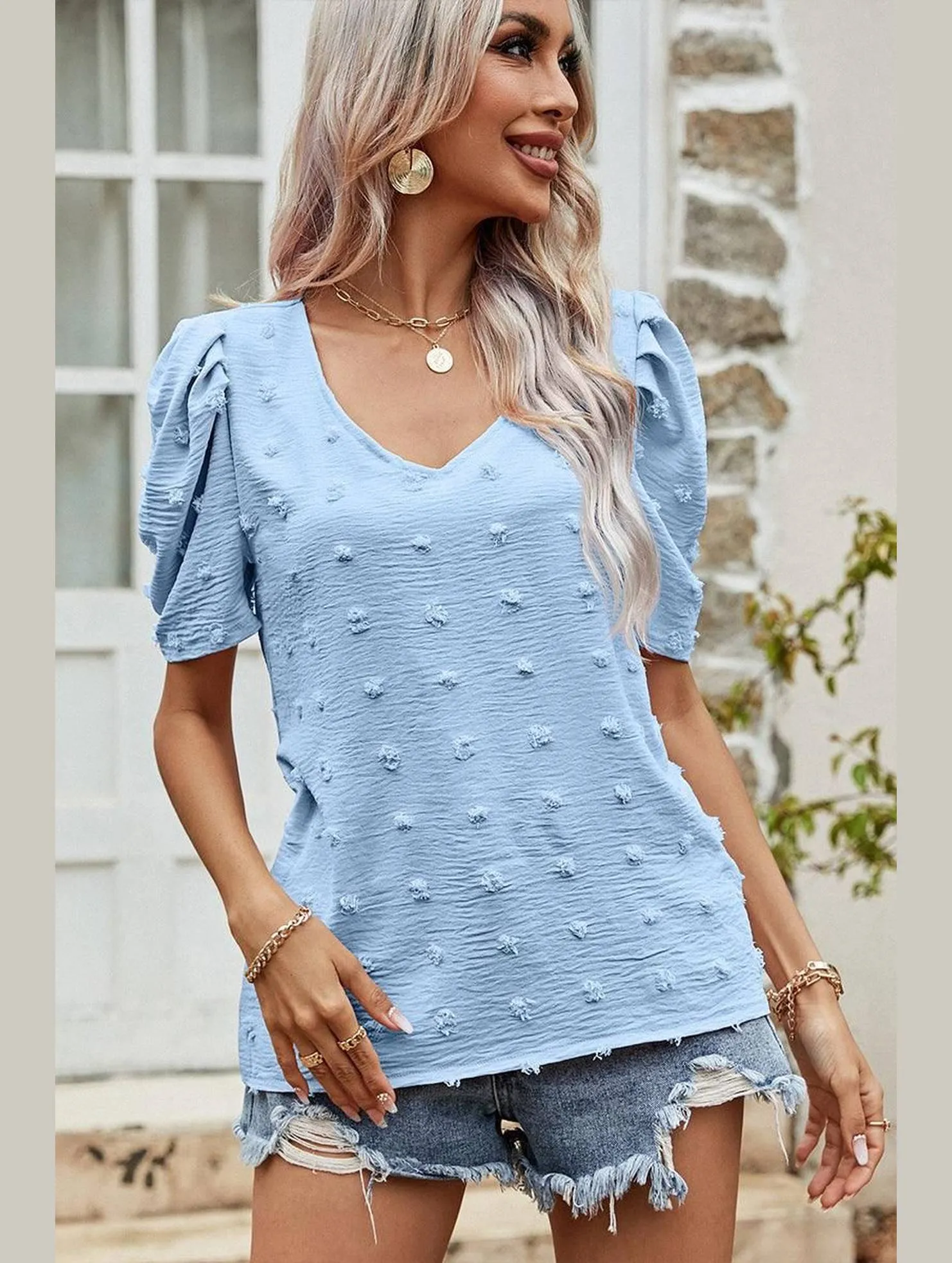Daily Comfort Style Solid Color PUFF SLEEVE DEEP NECK CASUAL TOP