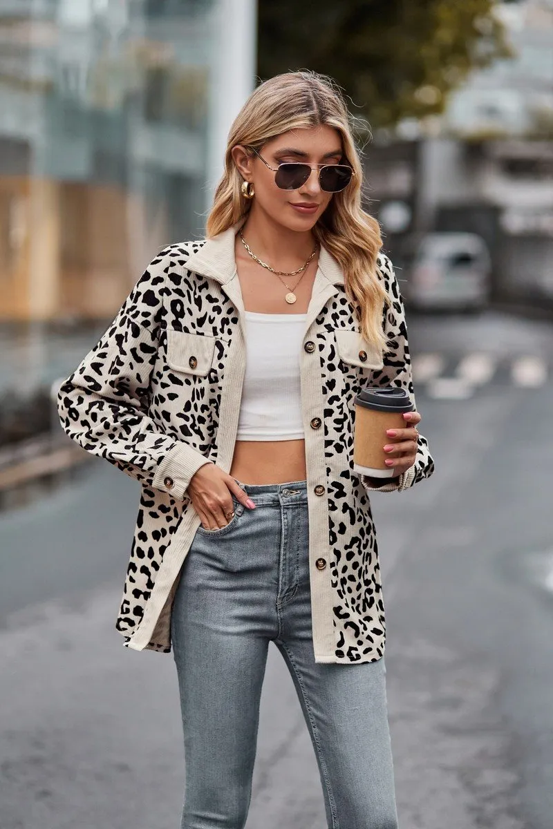 Anti microbial coating LayeringFriendly LAPEL LEOPARD SHACKET LONG SLEEVE SHIRT JACKET