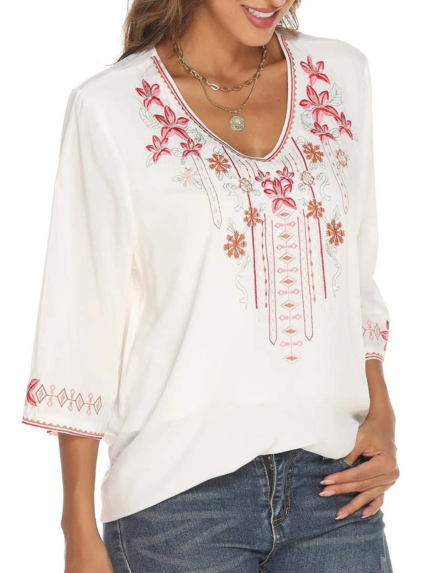 Breathable wear COTTON EMBROIDERED FLORAL BLOUSE_CWTBLL0837