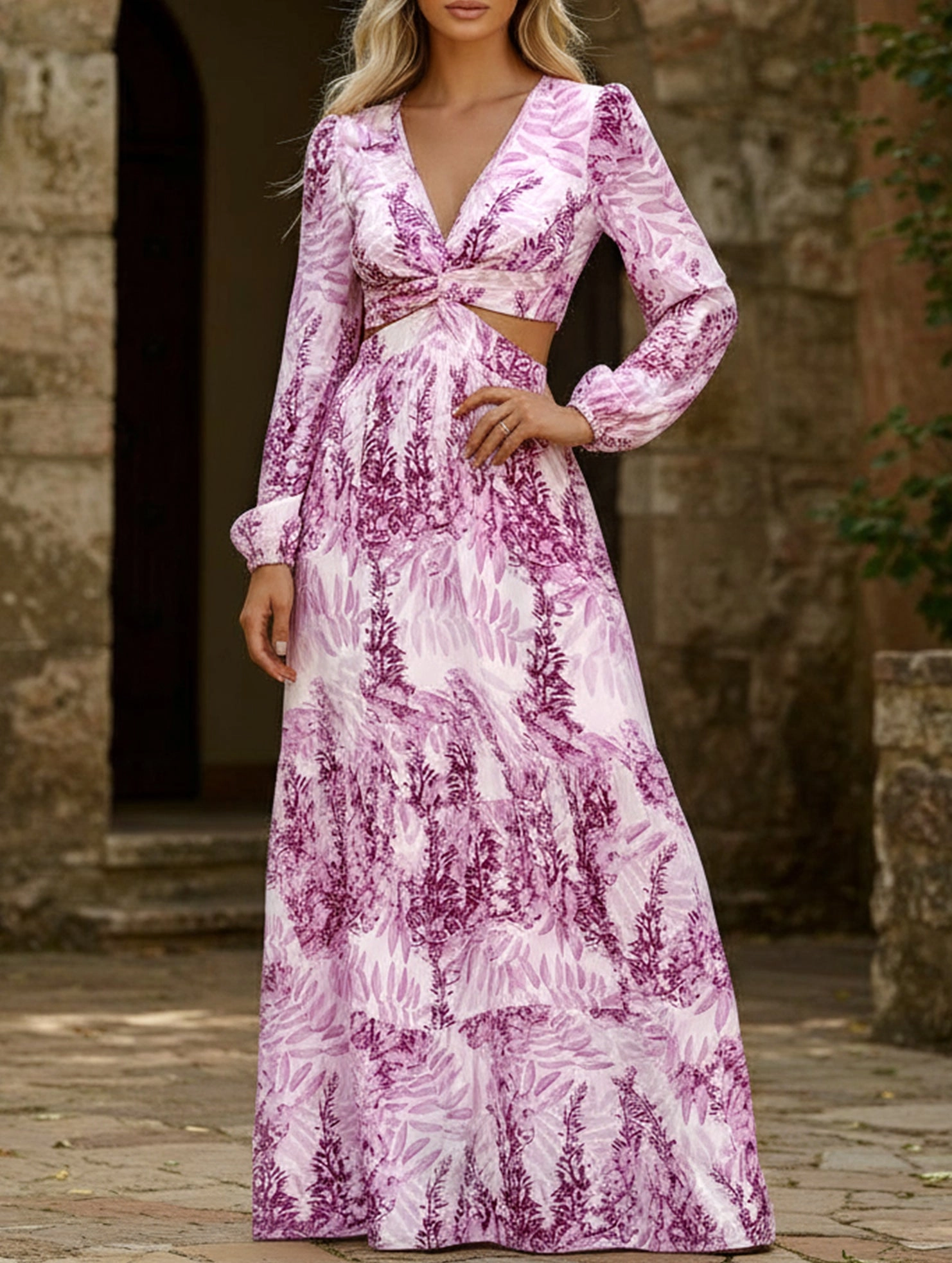 Fall Inspired Fashion long printed V-neck long-sleeved dress