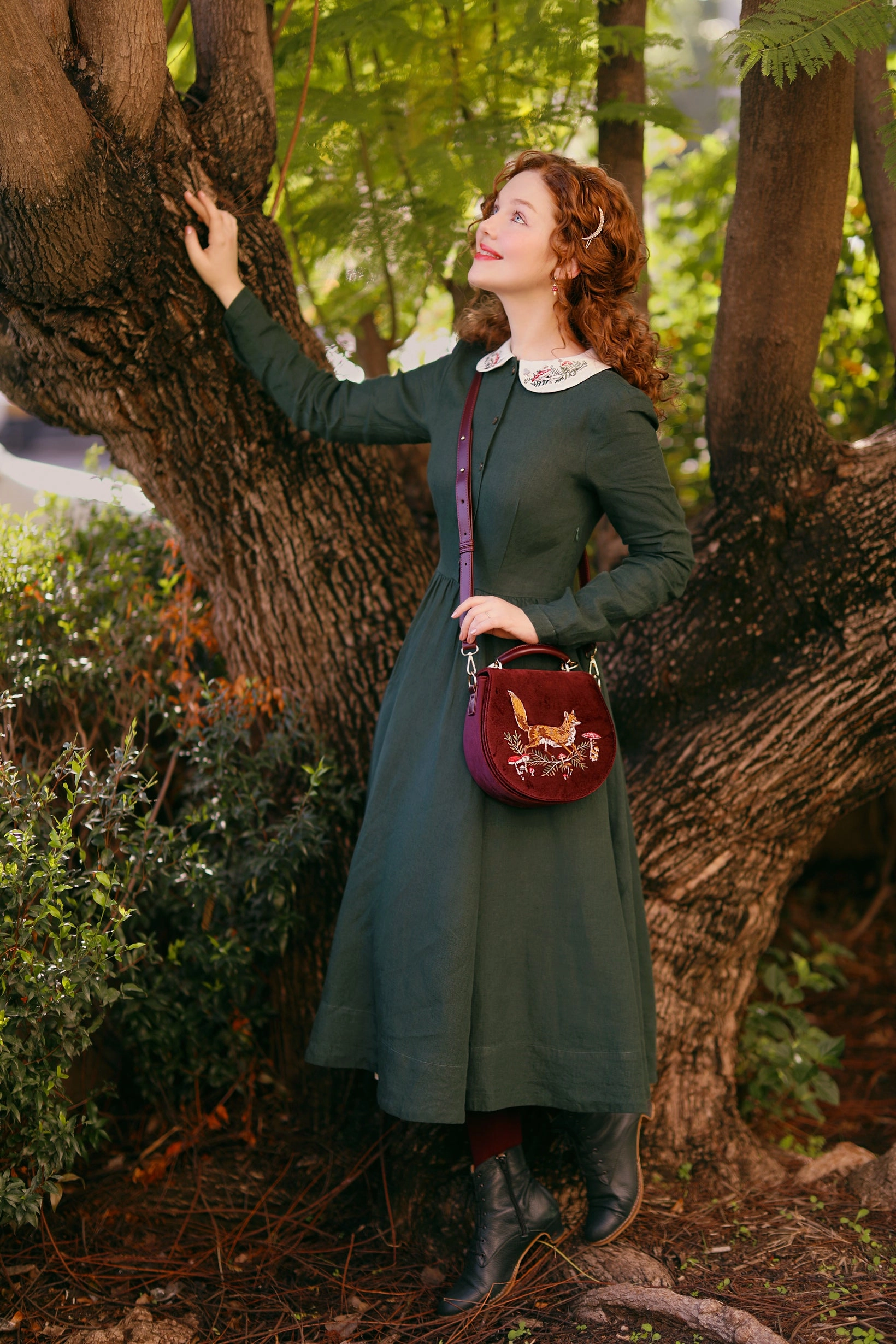 Classic Dress with Embroidered Wildwood Collar, Long Sleeve Elegance Glow