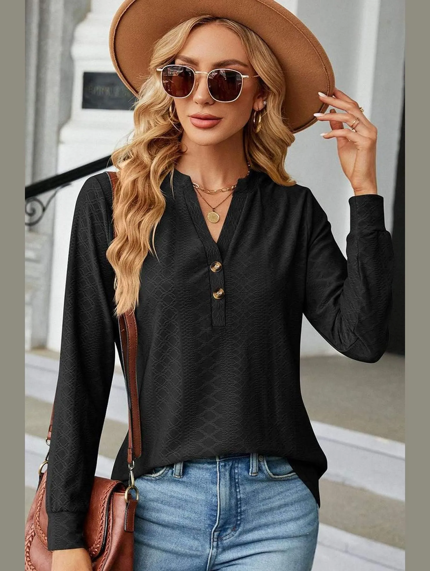 WOMEN V NECK BUTTON JACQUARD LOOSE FIT TOP Travel Outfit Casual and cool