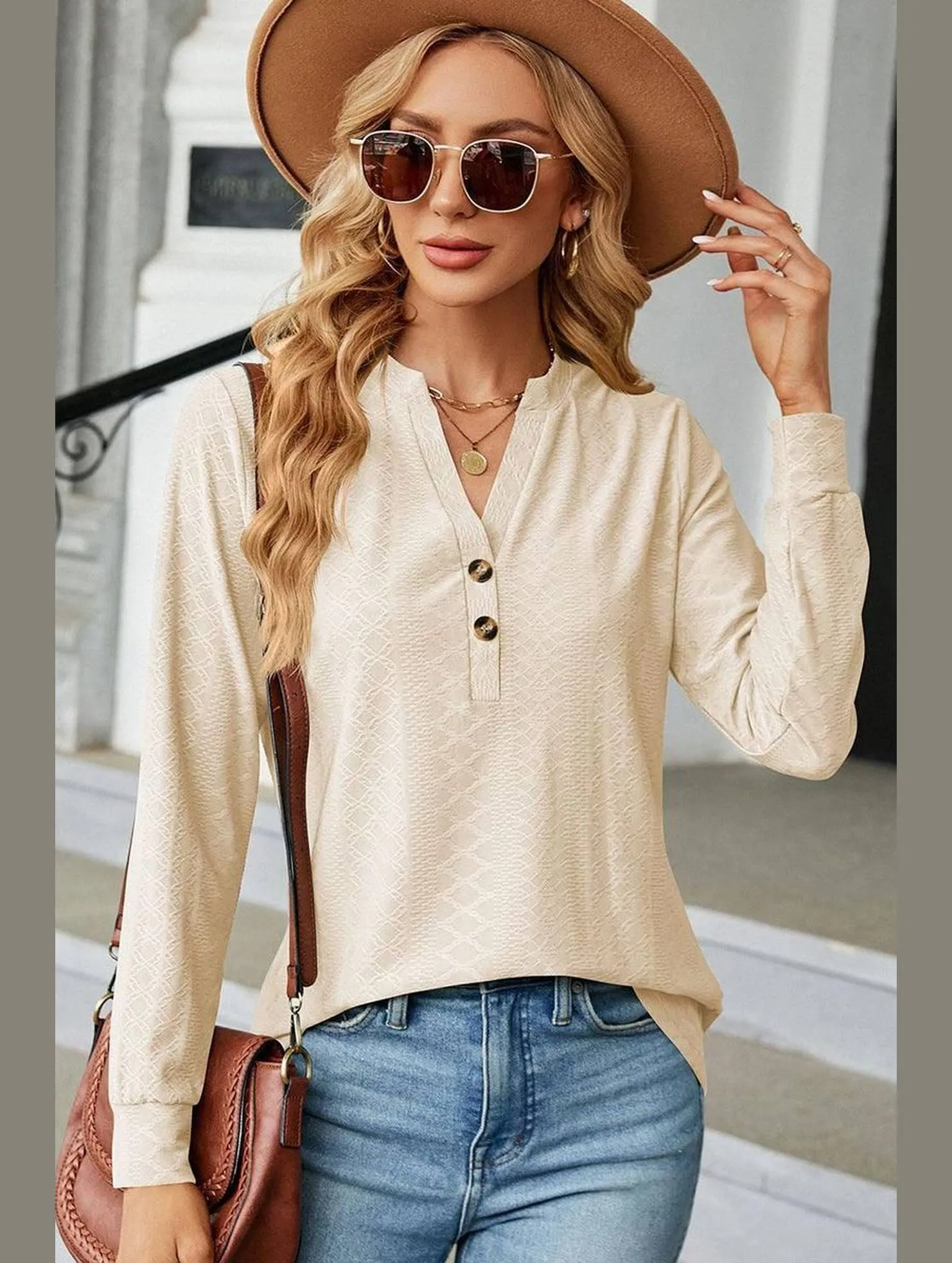 Flatlock stitching Chill Comfort WOMEN V NECK BUTTON JACQUARD LOOSE FIT TOP