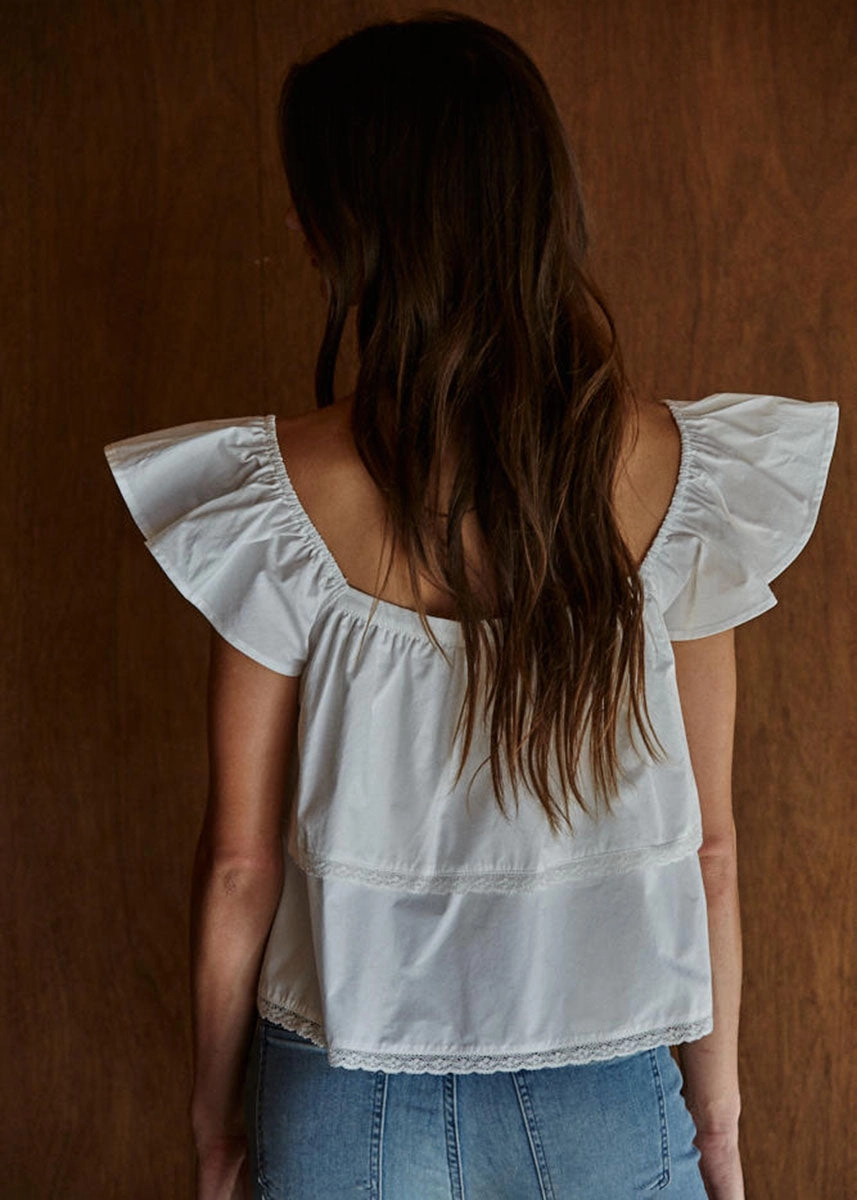 Lillian Lace Ruffle Top - White High Collar Option