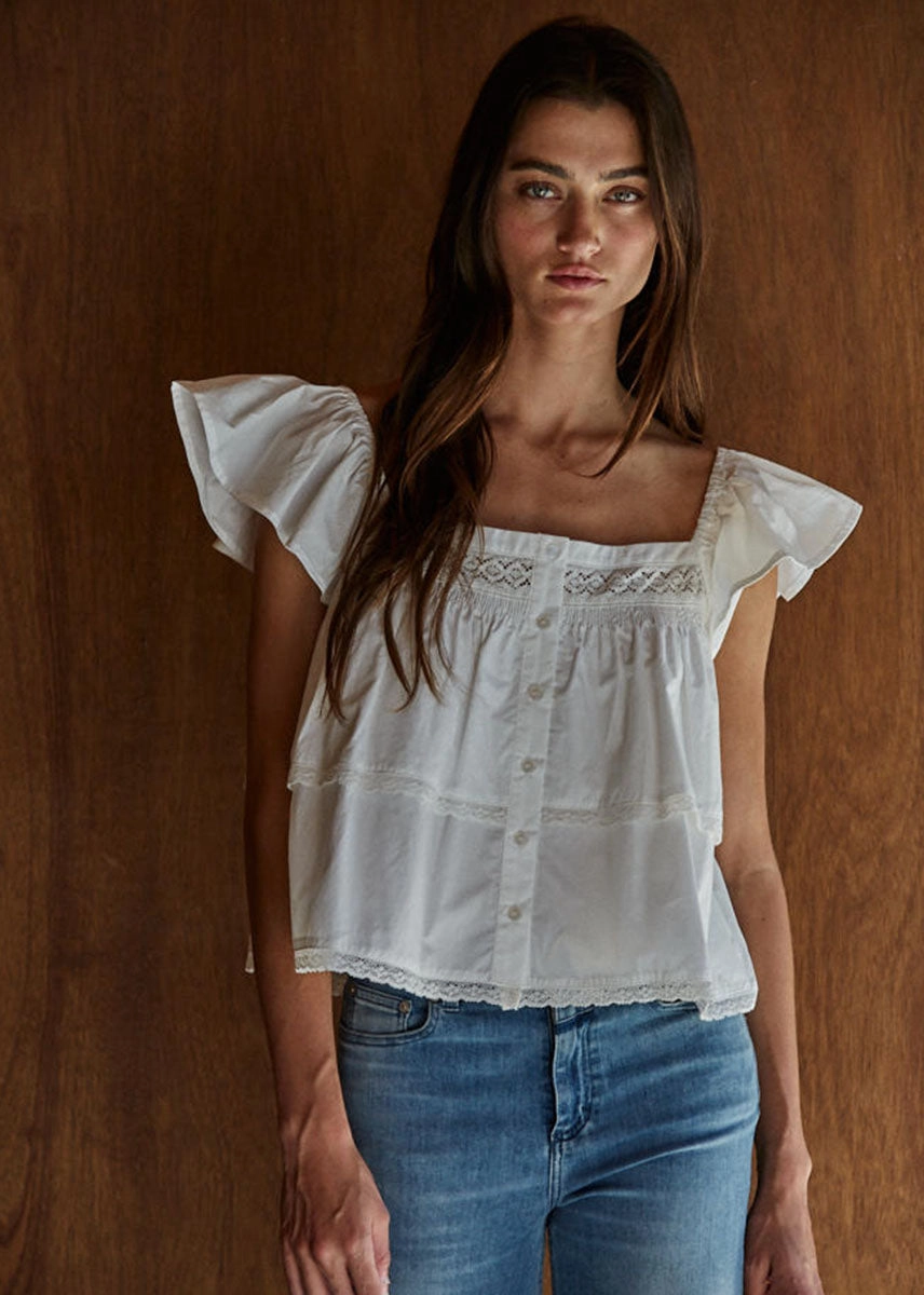 Lillian Lace Ruffle Top - White DoubleLayeredShoulders