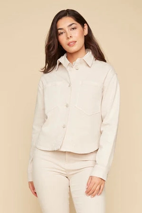 Renuar Woven Jacket in Oyster Faux Fur Collar Cold Day Look