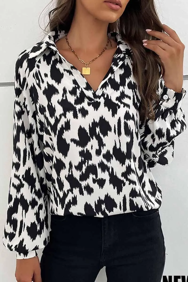 RETRO LAPEL LONG SLEEVED PRINTED SHIRT Seasonal top Ribbed collar