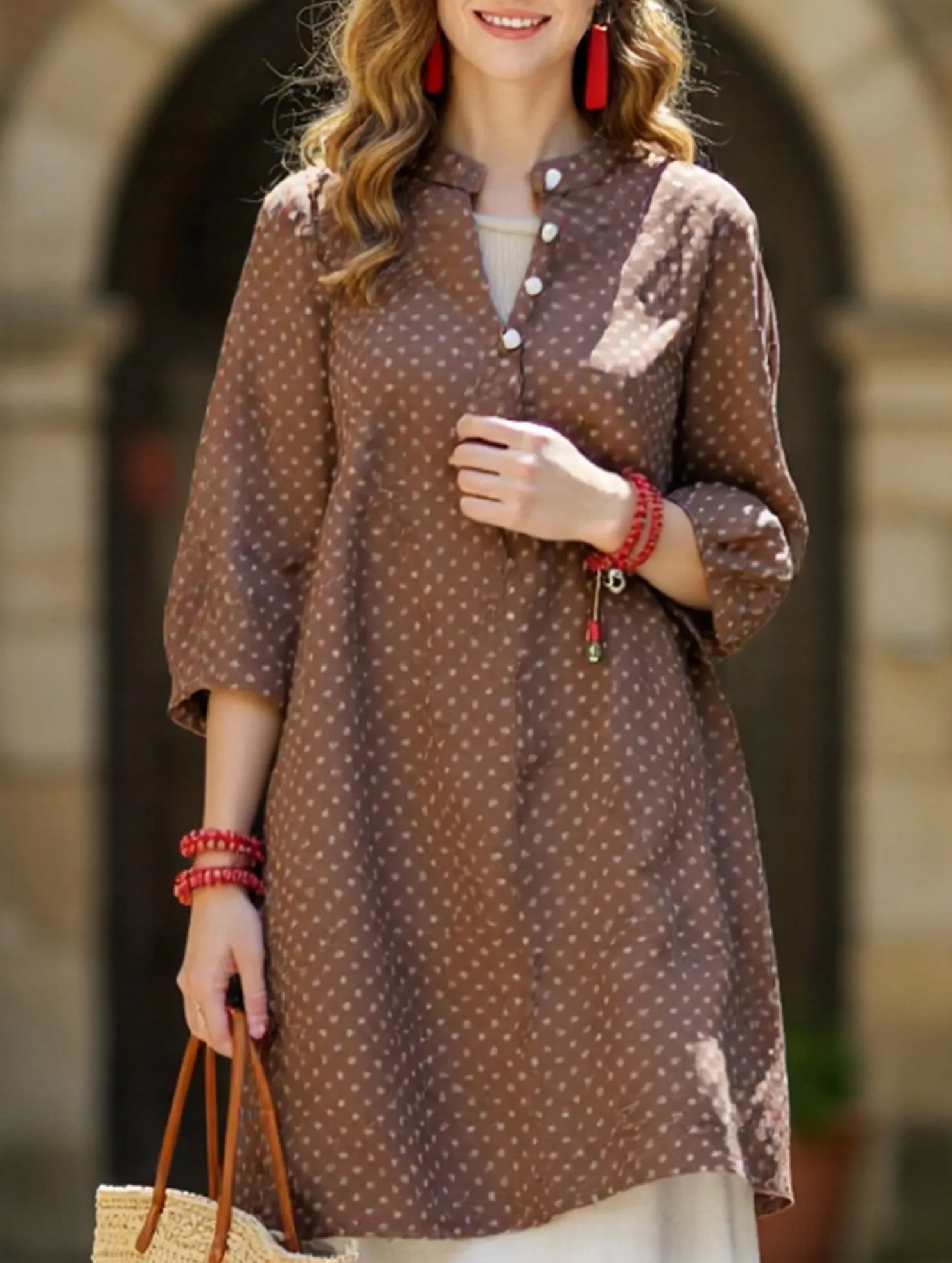 Two Tone Texture Effect Retro Polka Dot Casual Loose Midi Shirt