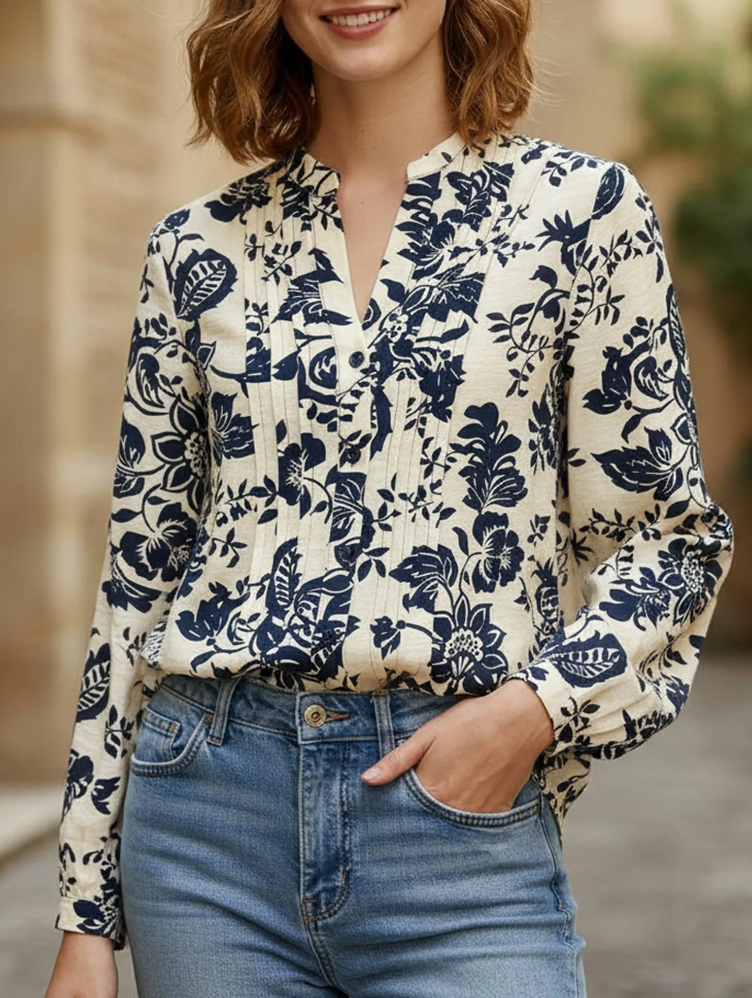 NonRestrictive Retro small stand-up collar long-sleeved shirt