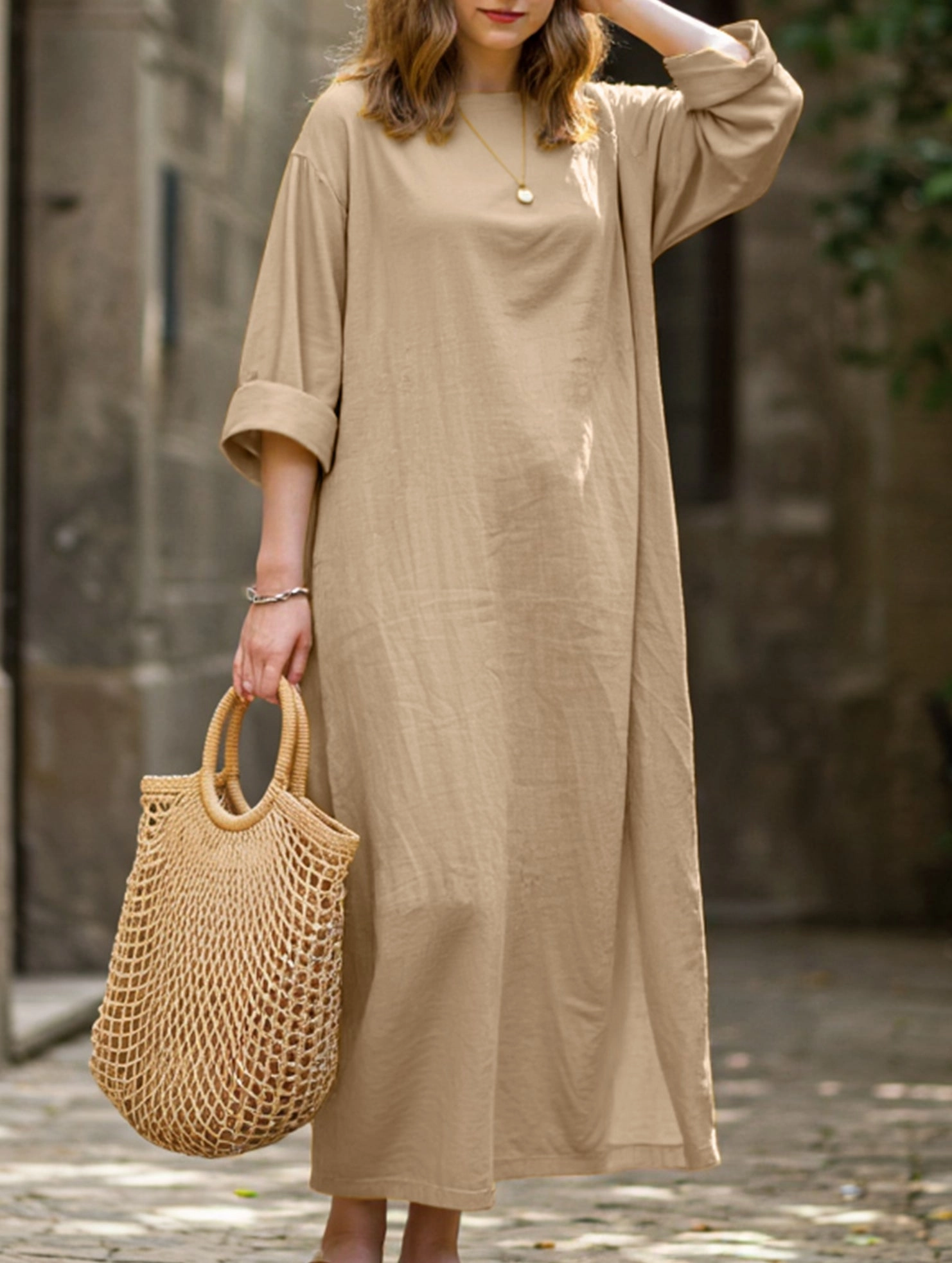 Subtle Motion Anytime Fit Retro long-sleeved round neck loose dress