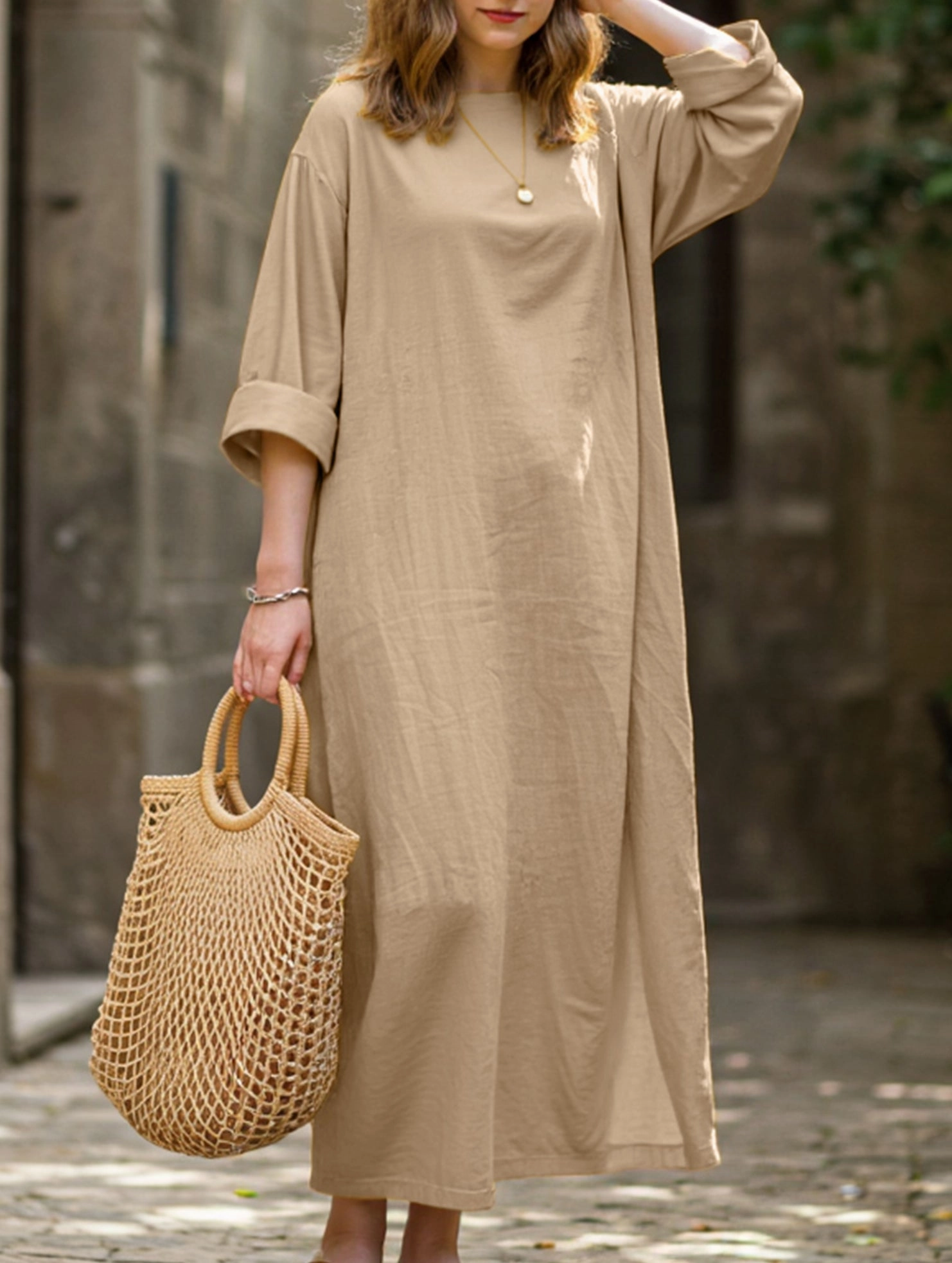breathable fabric dress Retro long-sleeved round neck loose dress