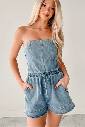 Casual Traveler Loose Flexible High Noon Honey Strapless Denim Romper (Light Denim)