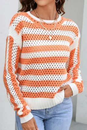 Casual Button-Down Buttonless Closure STRIPED COLOR BLOCK CREW NECK HOLLOW KNIT SWEATER